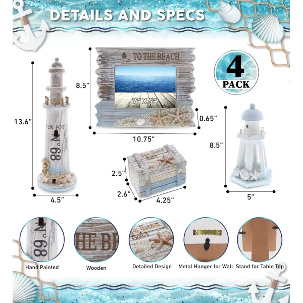 CoTa Global Coastal Horizon Nautical Collection  Handcrafted Wooden Photo Frame Wood Lighthouse Decoration Nautical Jewelry Box Blue Lagoon Candle Lantern Holder Tabletop Accent Decor  4 Pieces