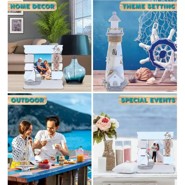 CoTa Global Moonlight Nautical Collection  Handcrafted Distressed Wooden Photo Frame Lighthouse Figure and Boat Decorative Beach Style Tabletop Centerpieces Nautical Themed Decor Set  3 Pieces