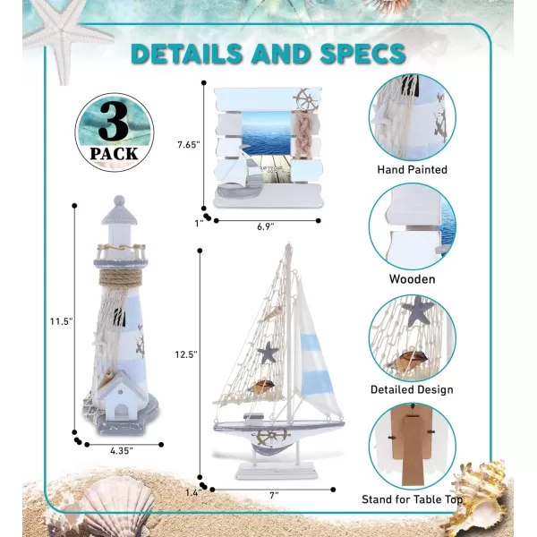 CoTa Global Moonlight Nautical Collection  Handcrafted Distressed Wooden Photo Frame Lighthouse Figure and Boat Decorative Beach Style Tabletop Centerpieces Nautical Themed Decor Set  3 Pieces