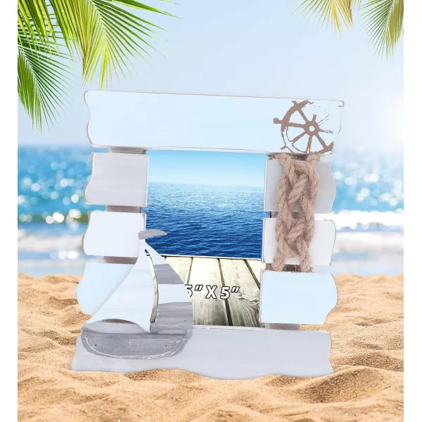 CoTa Global Moonlight Nautical Collection  Handcrafted Distressed Wooden Photo Frame Lighthouse Figure and Boat Decorative Beach Style Tabletop Centerpieces Nautical Themed Decor Set  3 Pieces
