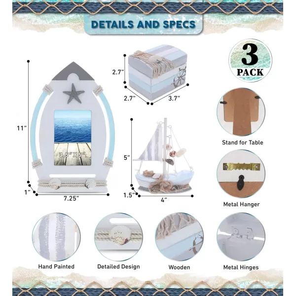 CoTa Global Moonlight Nautical Collection  Handcrafted Jewelry Box Mini Sailboat Model and Boat Photo Frame Decorative Beach Style Tabletop Centerpieces  3 Pieces