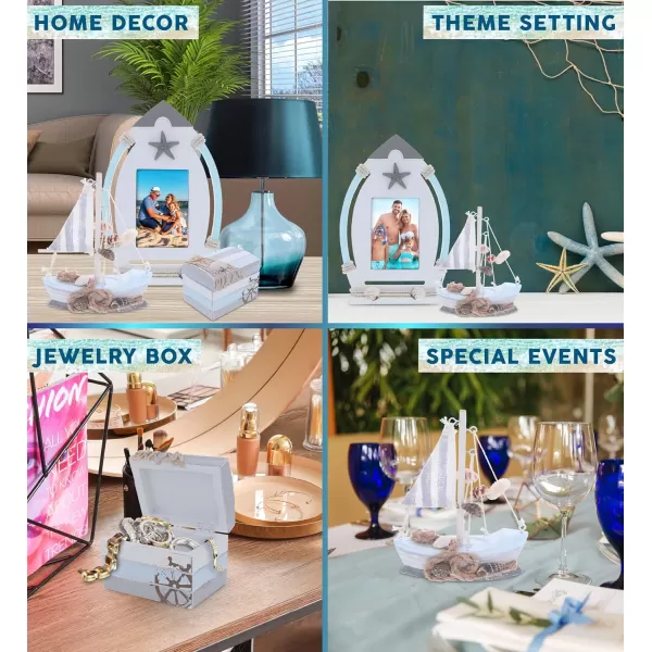 CoTa Global Moonlight Nautical Collection  Handcrafted Jewelry Box Mini Sailboat Model and Boat Photo Frame Decorative Beach Style Tabletop Centerpieces  3 Pieces