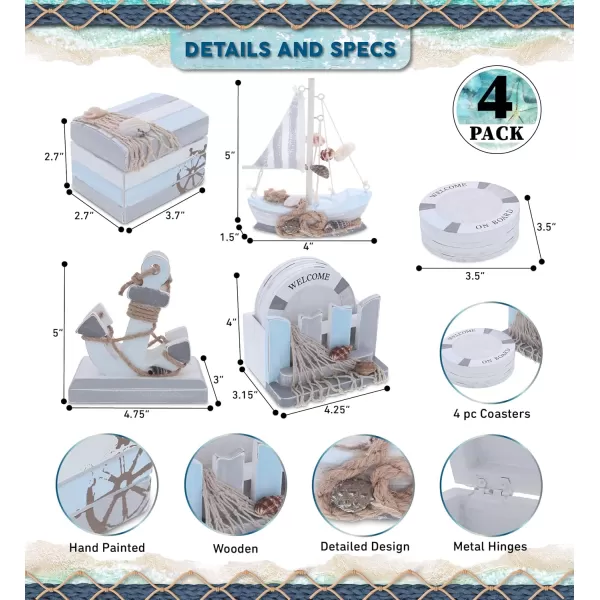 CoTa Global Moonlight Nautical Collection  Handcrafted Wooden Jewelry Box Nautical Coasters Set Anchor Napkin Holder and Mini Sailboat Model Decorations Tabletop Centerpieces Set  4 Pieces