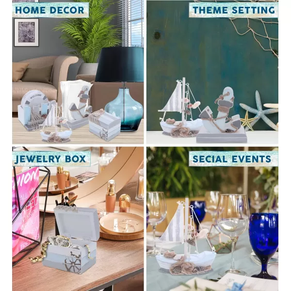 CoTa Global Moonlight Nautical Collection  Handcrafted Wooden Jewelry Box Nautical Coasters Set Anchor Napkin Holder and Mini Sailboat Model Decorations Tabletop Centerpieces Set  4 Pieces