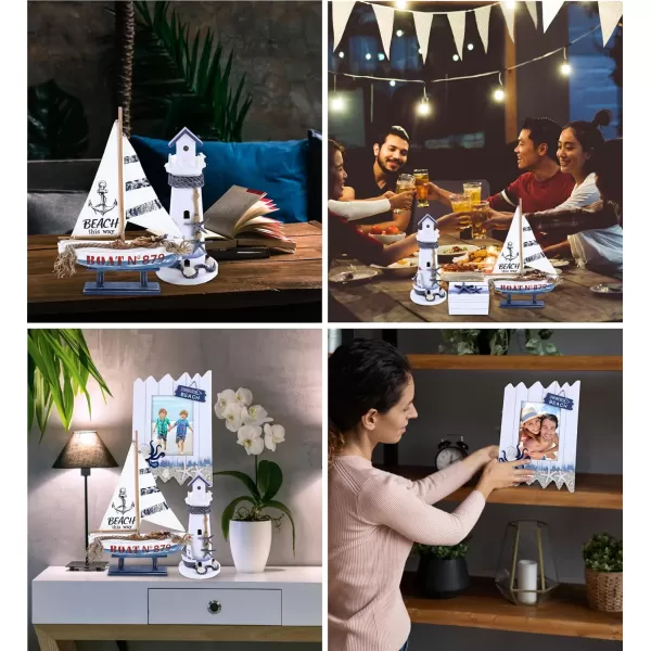 CoTa Global Ocean Blue Nautical Collection  Handcrafted Distressed Wooden Sailboat Octopus Photo Frame Light House Jewelry Box  Color May Vary  4 pcs Set
