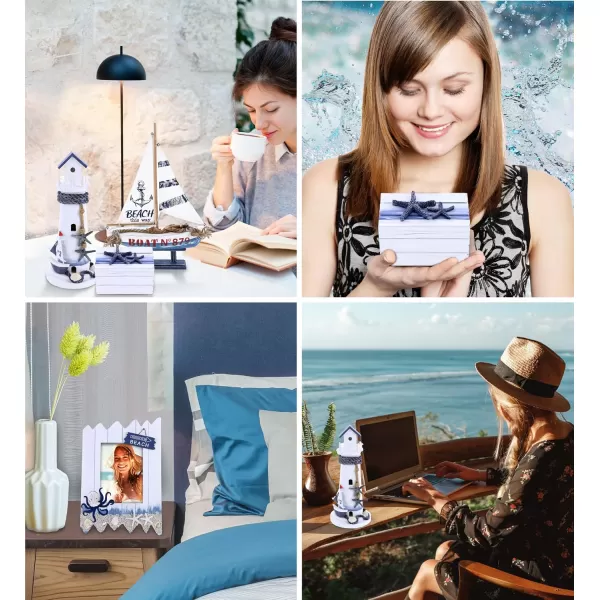 CoTa Global Ocean Blue Nautical Collection  Handcrafted Distressed Wooden Sailboat Octopus Photo Frame Light House Jewelry Box  Color May Vary  4 pcs Set