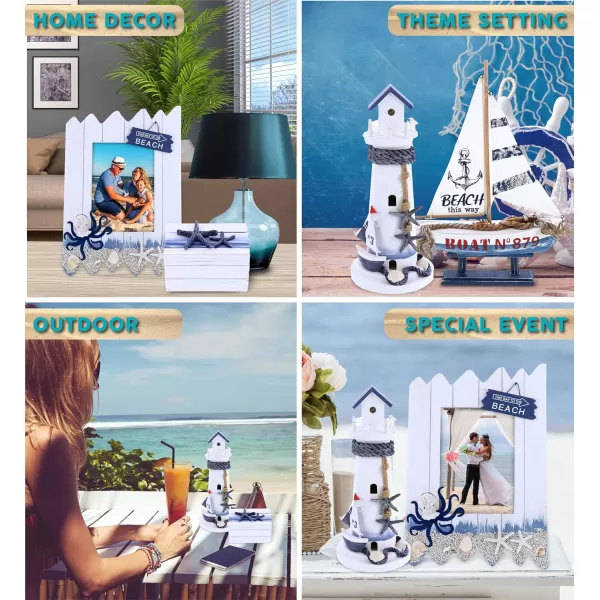 CoTa Global Ocean Blue Nautical Collection  Handcrafted Distressed Wooden Sailboat Octopus Photo Frame Light House Jewelry Box  Color May Vary  4 pcs Set