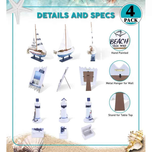 CoTa Global Ocean Blue Nautical Collection  Handcrafted Distressed Wooden Sailboat Octopus Photo Frame Light House Jewelry Box  Color May Vary  4 pcs Set