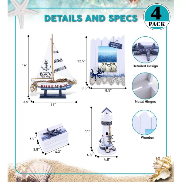 CoTa Global Ocean Blue Nautical Collection  Handcrafted Distressed Wooden Sailboat Octopus Photo Frame Light House Jewelry Box  Color May Vary  4 pcs Set