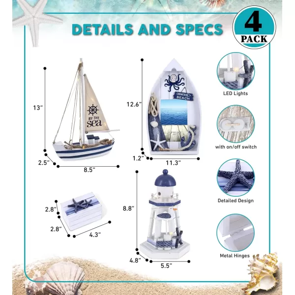 CoTa Global Ocean Blue Nautical Collection  Wooden Sea Boat with LED Light 4x6 Octopus Photo Frame Lighthouse Lantern Candle Holder with Light Centerpiece  Handmade Colors May Vary  4 pcs Set
