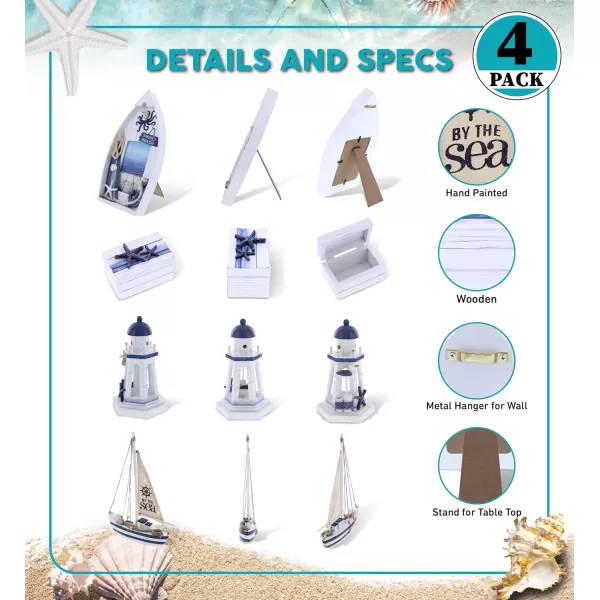 CoTa Global Ocean Blue Nautical Collection  Wooden Sea Boat with LED Light 4x6 Octopus Photo Frame Lighthouse Lantern Candle Holder with Light Centerpiece  Handmade Colors May Vary  4 pcs Set