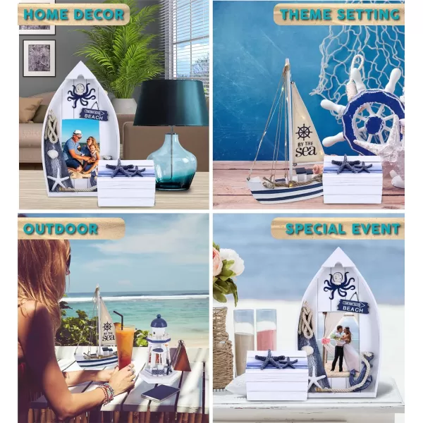 CoTa Global Ocean Blue Nautical Collection  Wooden Sea Boat with LED Light 4x6 Octopus Photo Frame Lighthouse Lantern Candle Holder with Light Centerpiece  Handmade Colors May Vary  4 pcs Set