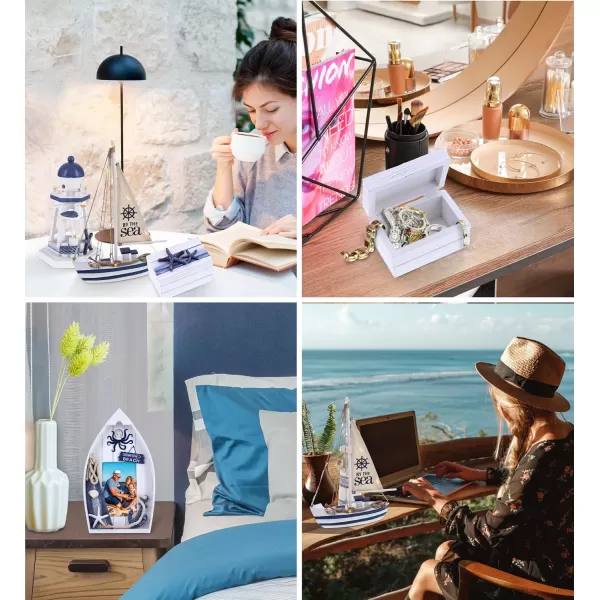 CoTa Global Ocean Blue Nautical Collection  Wooden Sea Boat with LED Light 4x6 Octopus Photo Frame Lighthouse Lantern Candle Holder with Light Centerpiece  Handmade Colors May Vary  4 pcs Set