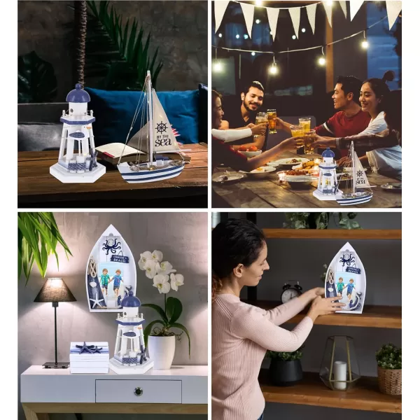 CoTa Global Ocean Blue Nautical Collection  Wooden Sea Boat with LED Light 4x6 Octopus Photo Frame Lighthouse Lantern Candle Holder with Light Centerpiece  Handmade Colors May Vary  4 pcs Set