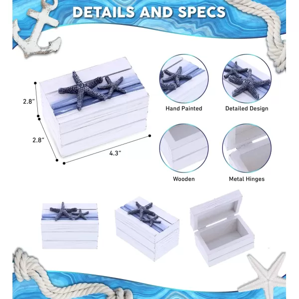 CoTa Global Ocean Blue Wooden Jewelry Box  Handmade and Crafted Nautical Trinket Box with Starfish Decoration Wood Accent Tabletop Home Decor Jewelry Organizer