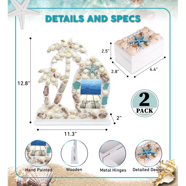 CoTa Global Oceanic Photo Frame and Jewelry Box 2 Pcs Set  Handmade Nautical Palm Tree Photo Frame and Rectangle Jewelry Box for Tabletop Display Home Decor Ornaments  Handmade Color May Vary