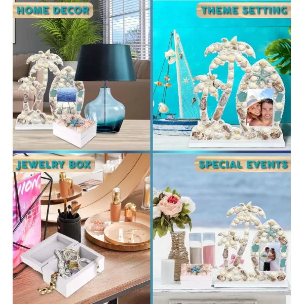 CoTa Global Oceanic Photo Frame and Jewelry Box 2 Pcs Set  Handmade Nautical Palm Tree Photo Frame and Rectangle Jewelry Box for Tabletop Display Home Decor Ornaments  Handmade Color May Vary