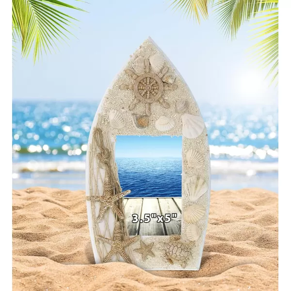 CoTa Global Oceanic Sea Turtle Boat 35X5 Frame  White Wood Seashell Photo Frame for Summer Vacation Memory Handmade Tropical Sand Boat Nautical Picture Frame For Tabletop or Wall Hang  94 InchesBoat Frame 35X5