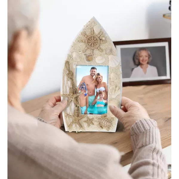 CoTa Global Oceanic Sea Turtle Boat 35X5 Frame  White Wood Seashell Photo Frame for Summer Vacation Memory Handmade Tropical Sand Boat Nautical Picture Frame For Tabletop or Wall Hang  94 InchesBoat Frame 35X5