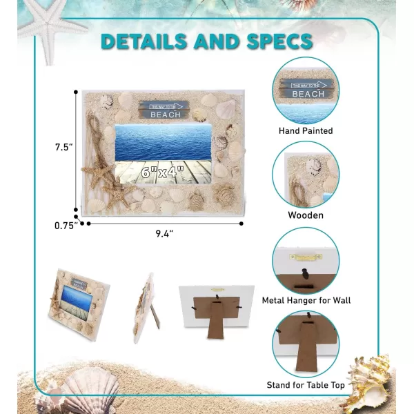CoTa Global Oceanic Sea Turtle Boat 35X5 Frame  White Wood Seashell Photo Frame for Summer Vacation Memory Handmade Tropical Sand Boat Nautical Picture Frame For Tabletop or Wall Hang  94 InchesFrame 6X4