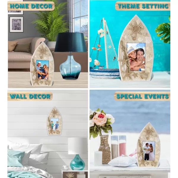 CoTa Global Oceanic Sea Turtle Boat 35X5 Frame  White Wood Seashell Photo Frame for Summer Vacation Memory Handmade Tropical Sand Boat Nautical Picture Frame For Tabletop or Wall Hang  94 InchesBoat Frame 35X5