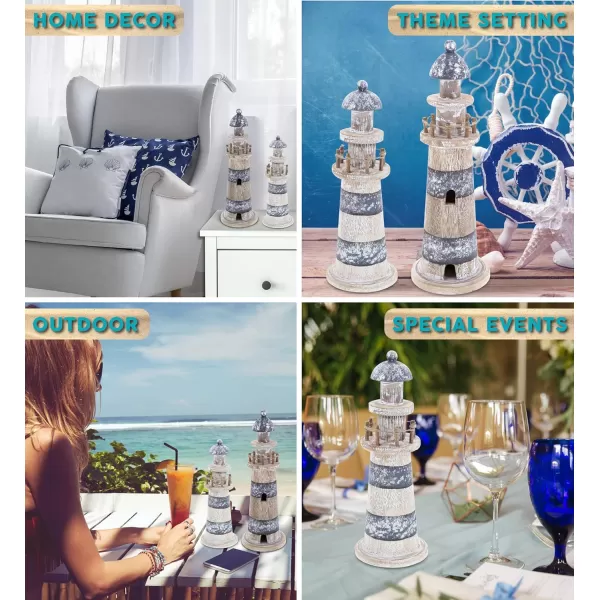 CoTa Global Silver Sea Lighthouse Collection 2 Pcs Set  Handmade Distressed Wooden Lighthouse Decor Decorative Beach Style Tabletop Centerpieces  Color May Vary