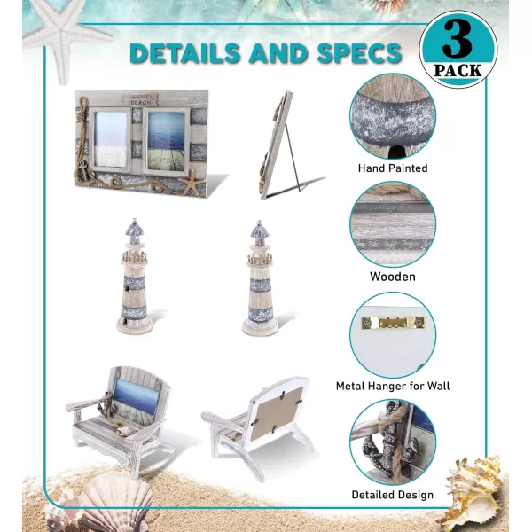 CoTa Global Silver Sea Nautical Collection  Distressed Wooden 5x35 Chair Frame Double 355 Photo Frame and Lighthouse Decoration Table Top Centerpiece  Handmade Colors May Vary  3 Pcs Set