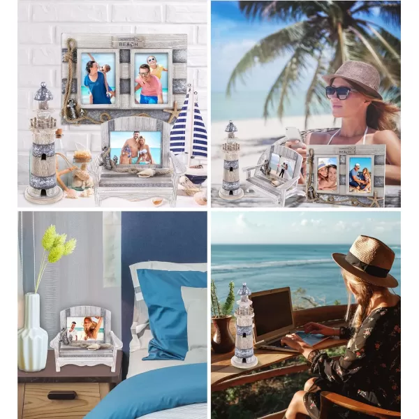 CoTa Global Silver Sea Nautical Collection  Distressed Wooden 5x35 Chair Frame Double 355 Photo Frame and Lighthouse Decoration Table Top Centerpiece  Handmade Colors May Vary  3 Pcs Set