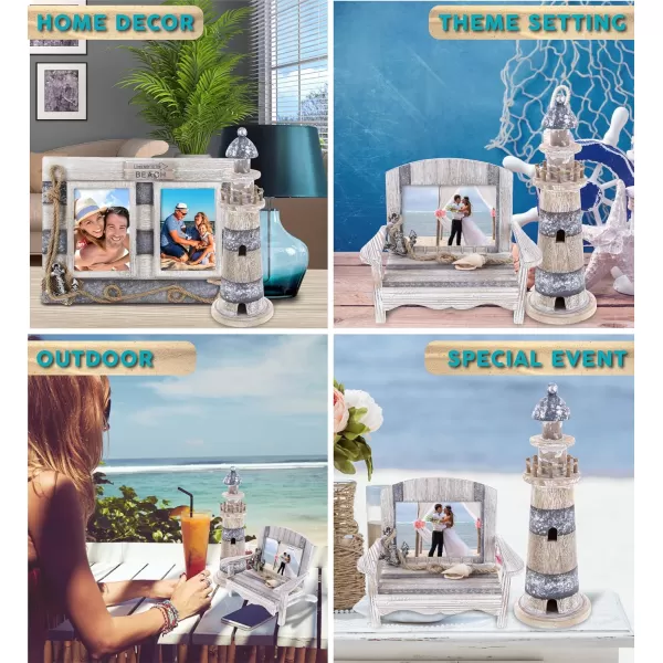 CoTa Global Silver Sea Nautical Collection  Distressed Wooden 5x35 Chair Frame Double 355 Photo Frame and Lighthouse Decoration Table Top Centerpiece  Handmade Colors May Vary  3 Pcs Set