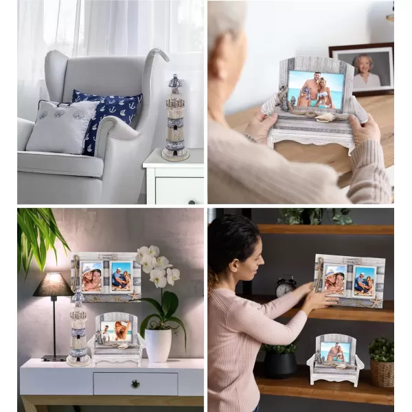 CoTa Global Silver Sea Nautical Collection  Distressed Wooden 5x35 Chair Frame Double 355 Photo Frame and Lighthouse Decoration Table Top Centerpiece  Handmade Colors May Vary  3 Pcs Set