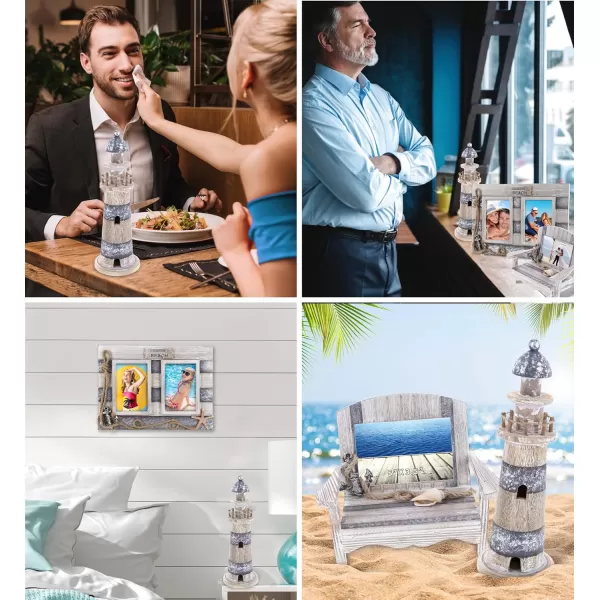 CoTa Global Silver Sea Nautical Collection  Distressed Wooden 5x35 Chair Frame Double 355 Photo Frame and Lighthouse Decoration Table Top Centerpiece  Handmade Colors May Vary  3 Pcs Set