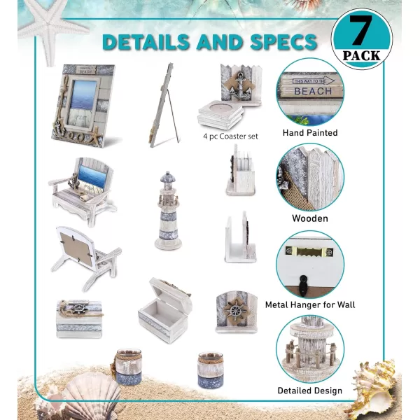CoTa Global Silver Sea Nautical Collection  Handcrafted Distressed Wooden Chair Frame Photo Frame Candle Holder Lighthouse Beach Jewelry Box Decorative Napkin Holder Coasters  7 Pcs Set