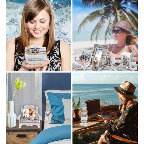 CoTa Global Silver Sea Nautical Collection  Handcrafted Distressed Wooden Chair Frame Photo Frame Candle Holder Lighthouse Beach Jewelry Box Decorative Napkin Holder Coasters  7 Pcs Set