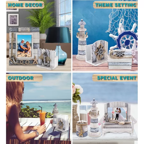 CoTa Global Silver Sea Nautical Collection  Handcrafted Distressed Wooden Chair Frame Photo Frame Candle Holder Lighthouse Beach Jewelry Box Decorative Napkin Holder Coasters  7 Pcs Set