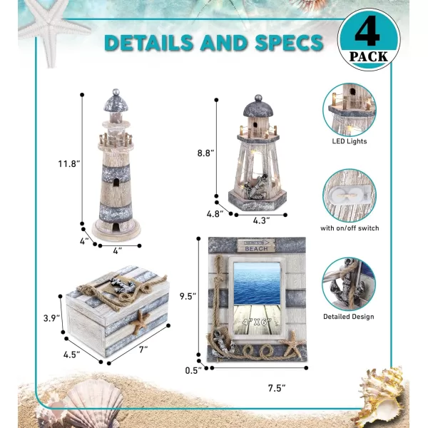 CoTa Global Silver Sea Nautical Collection  Handcrafted Distressed Wooden Chair Frame Seashell Photo Frame Candle Holder Lighthouse Jewelry Box Napkin Holder and Drink Coasters  4 pcs Set