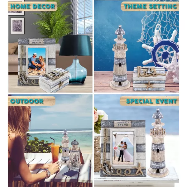 CoTa Global Silver Sea Nautical Collection  Handcrafted Distressed Wooden Chair Frame Seashell Photo Frame Candle Holder Lighthouse Jewelry Box Napkin Holder and Drink Coasters  4 pcs Set