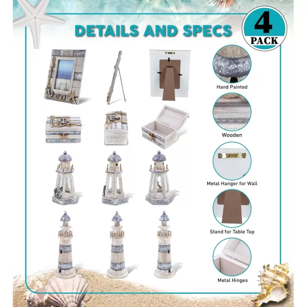 CoTa Global Silver Sea Nautical Collection  Handcrafted Distressed Wooden Chair Frame Seashell Photo Frame Candle Holder Lighthouse Jewelry Box Napkin Holder and Drink Coasters  4 pcs Set