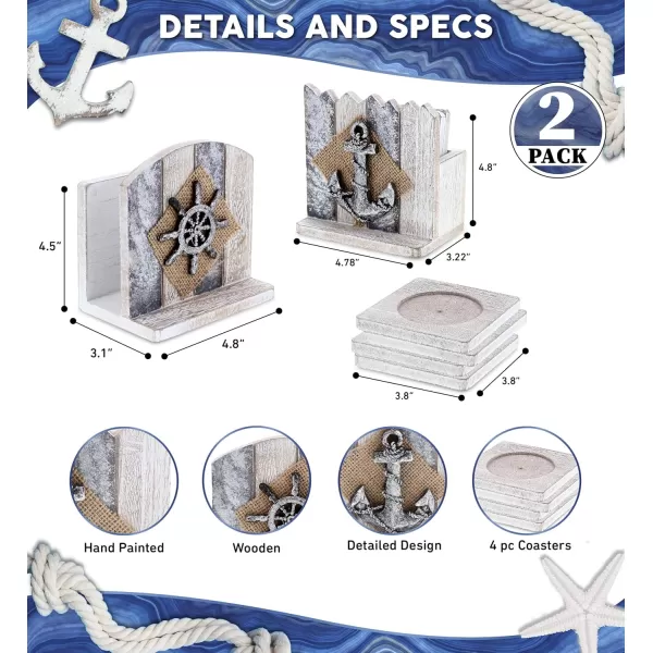 CoTa Global Silver Sea Nautical Wooden Napkin Holder and Coaster  Rustic 4 Coasters with Holder and 1 Napkin Holder with Wheel ampamp Anchor Table Top Coastal Decor  Handmade Colors Vary 2 Pc Set