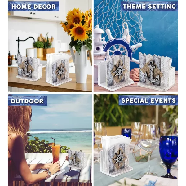 CoTa Global Silver Sea Nautical Wooden Napkin Holder and Coaster  Rustic 4 Coasters with Holder and 1 Napkin Holder with Wheel ampamp Anchor Table Top Coastal Decor  Handmade Colors Vary 2 Pc Set