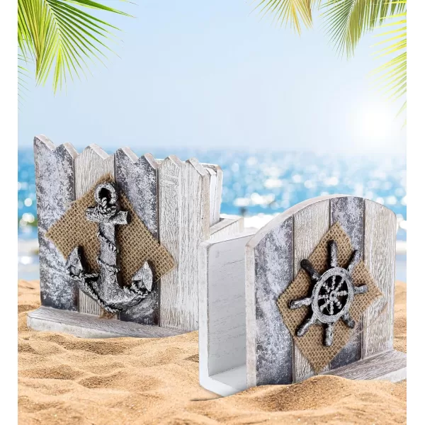 CoTa Global Silver Sea Nautical Wooden Napkin Holder and Coaster  Rustic 4 Coasters with Holder and 1 Napkin Holder with Wheel ampamp Anchor Table Top Coastal Decor  Handmade Colors Vary 2 Pc Set