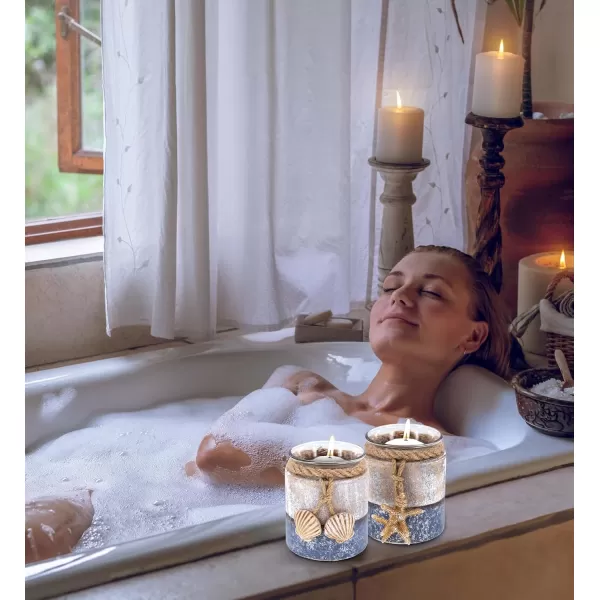 CoTa Global Silver Sea Starfish and Seashell Candle Holders 2 Pcs Set  Nautical Table Top Center Piece Coastal Decor for Home Beach House Decorative Lanterns with Ropes  Handmade Color May Vary