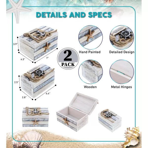 CoTa Global Silver Sea Wooden Jewelry Box 2 Pcs Set  Handcrafted Nautical Trinket with Anchor and Starfish Tabletop Home Decor Beach Sea Shell Jewelry Storage Organizers