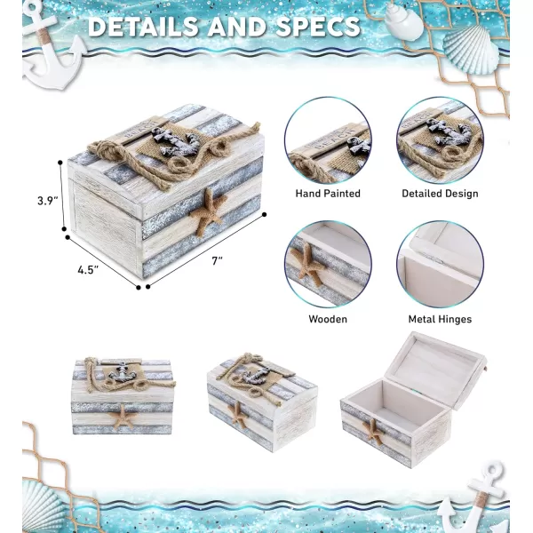 CoTa Global Silver Sea Wooden Jewelry Box  Handcrafted Nautical Trinket with Anchor and Starfish Accent Tabletop Home Decor Jewelry Storage Organizer  Large 7 Inch