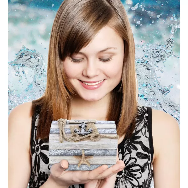 CoTa Global Silver Sea Wooden Jewelry Box  Handcrafted Nautical Trinket with Anchor and Starfish Accent Tabletop Home Decor Jewelry Storage Organizer  Large 7 Inch