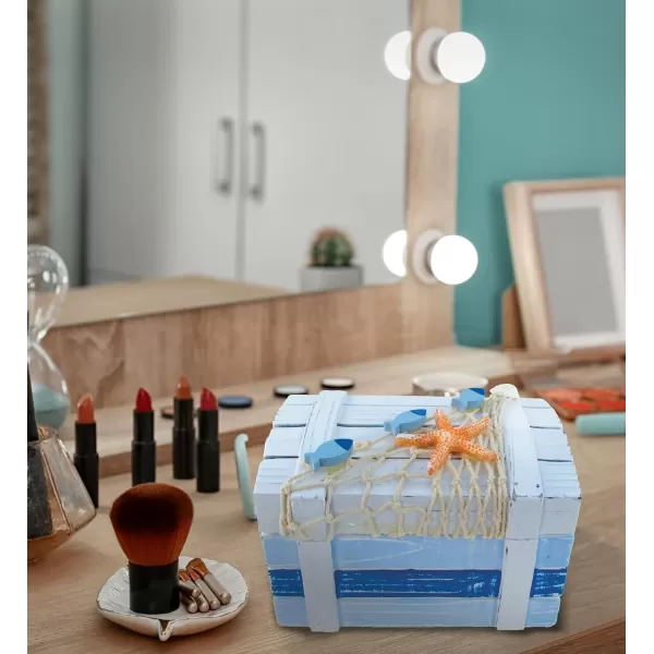 Puzzled CoTa Global Light Blue Stripes Wooden Jewelry Box  Handcrafted Nautical Trinket with Starfish and Fishing Net Decorations Accent Tabletop Decor Jewelry Storage Organizer  6 Inch