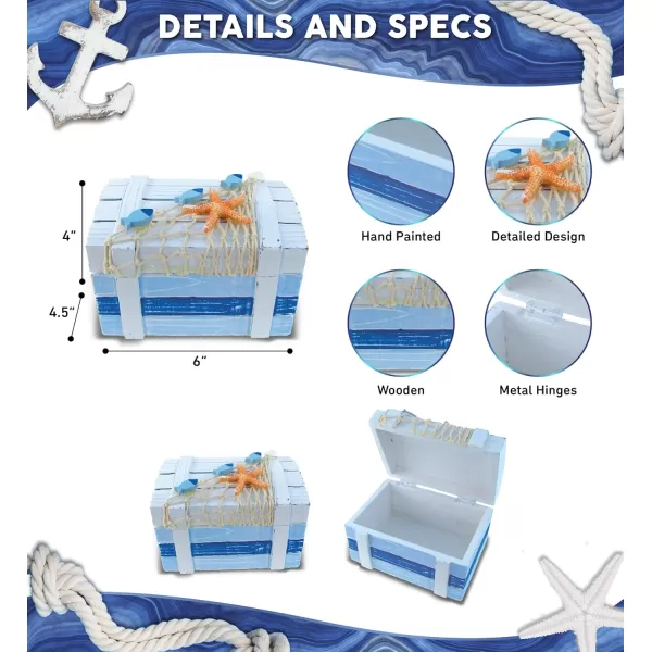 Puzzled CoTa Global Light Blue Stripes Wooden Jewelry Box  Handcrafted Nautical Trinket with Starfish and Fishing Net Decorations Accent Tabletop Decor Jewelry Storage Organizer  6 Inch