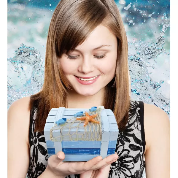 Puzzled CoTa Global Light Blue Stripes Wooden Jewelry Box  Handcrafted Nautical Trinket with Starfish and Fishing Net Decorations Accent Tabletop Decor Jewelry Storage Organizer  6 Inch