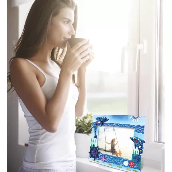 Puzzled Resin Blue Dolphin Mosaic Beach 6x4 Frame  Blue Sculptural Mosaic Photo Frame for Summer Vacation Memory Handmade Tropical Dolphin Nautical Picture Frame for Tabletop or Wall Hang  8 Inche