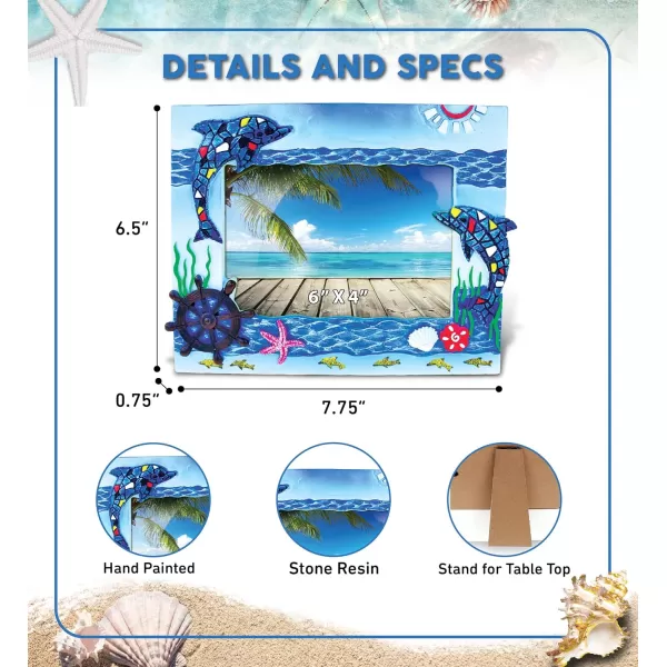 Puzzled Resin Blue Dolphin Mosaic Beach 6x4 Frame  Blue Sculptural Mosaic Photo Frame for Summer Vacation Memory Handmade Tropical Dolphin Nautical Picture Frame for Tabletop or Wall Hang  8 Inche