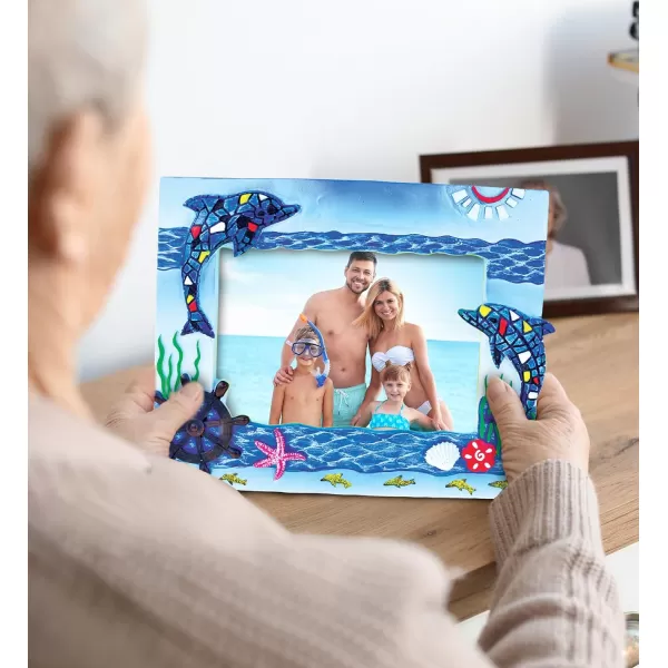 Puzzled Resin Blue Dolphin Mosaic Beach 6x4 Frame  Blue Sculptural Mosaic Photo Frame for Summer Vacation Memory Handmade Tropical Dolphin Nautical Picture Frame for Tabletop or Wall Hang  8 Inche
